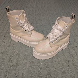 Dr. Martens White Molly Iridescent Holo Glitter Ribbon Lace Up Platform Boots